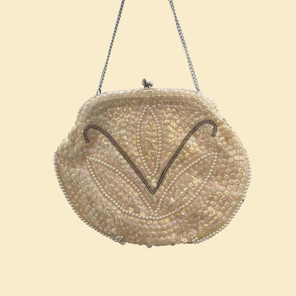Vintage 70s white sequin evening bag, beaded beige and grey clutch